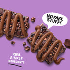 Chocolate bars with a speech bubble saying 'No Fake Stuff!' on a purple background