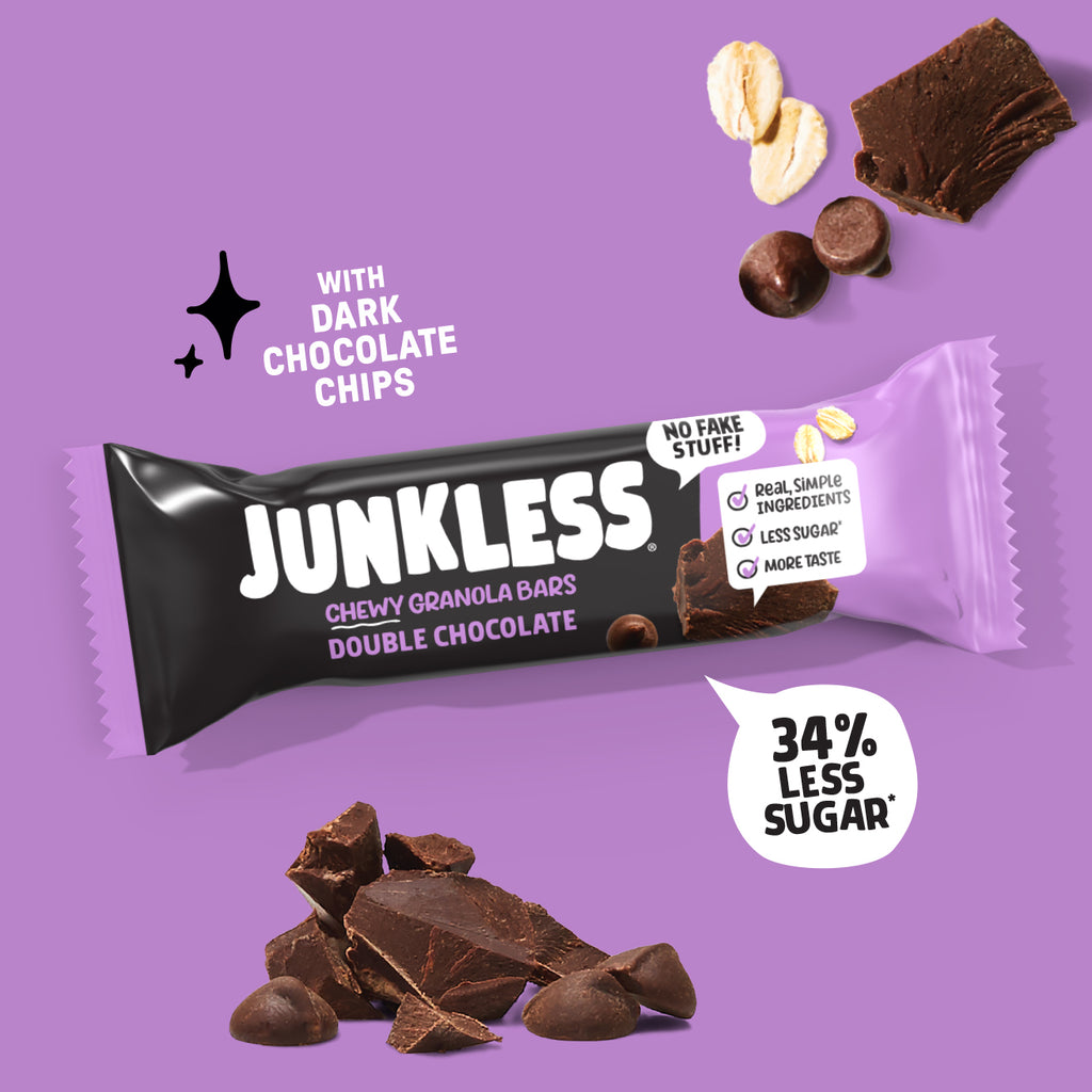 Junkless Double Chocolate Chewy Granola Bar with dark chocolate chips on a purple background