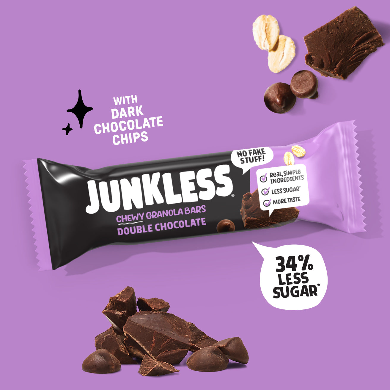 Junkless Double Chocolate Chewy Granola Bar with dark chocolate chips on a purple background