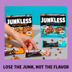 Junkless chewy granola bars packaging on a purple background with text 'Lose the junk, not the flavor'.