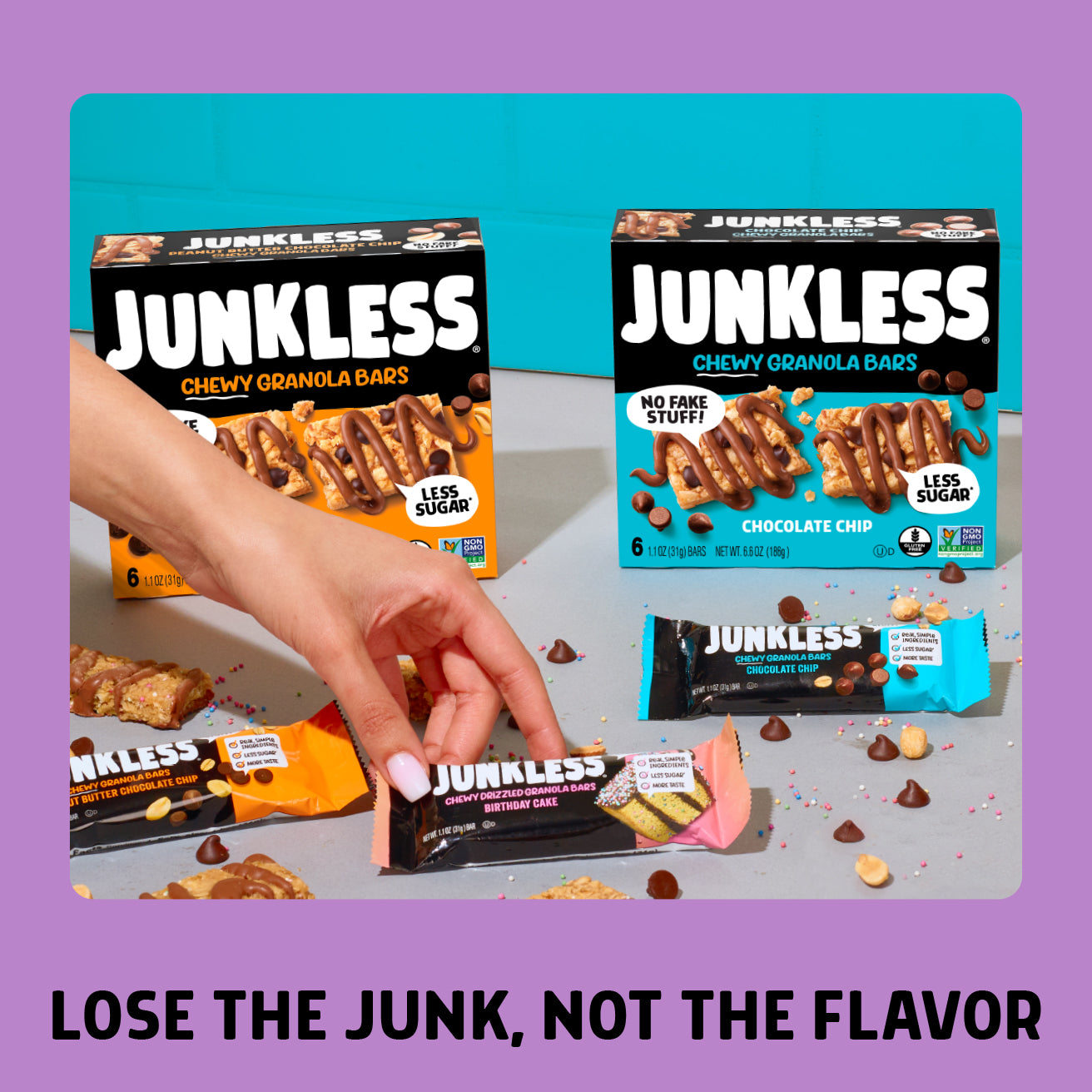Junkless chewy granola bars packaging on a purple background with text 'Lose the junk, not the flavor'.