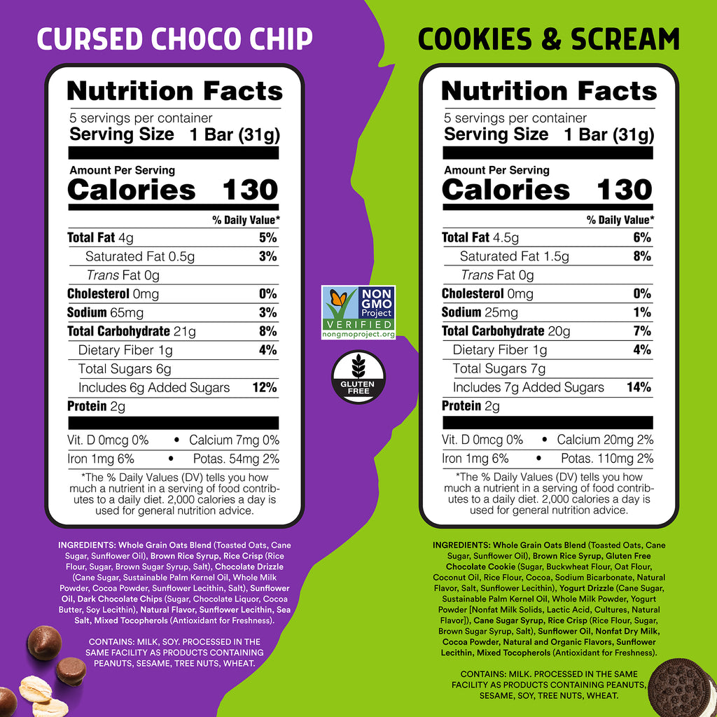 A split-color graphic showing nutrition labels for two candy varieties: 'Cursed Choco Chip' on the left with a purple background, and 'Cookies & Scream' on the right with a green background. The center is split vertically with a purple-left and green-right design, and the brand 'Lurkin' is visible in a circular logo at the bottom center.