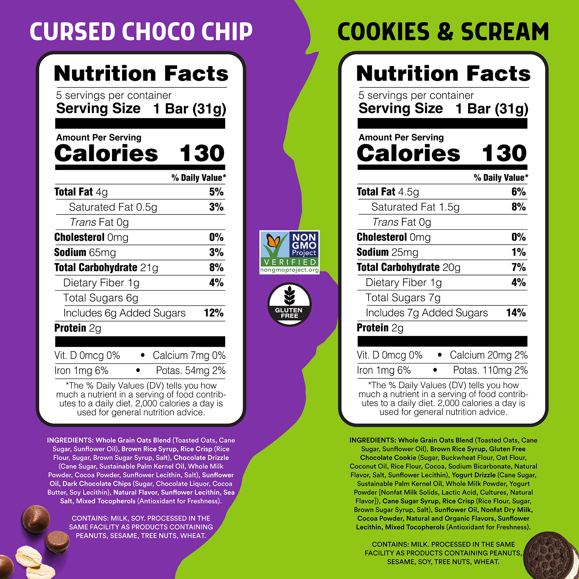 A split-color graphic showing nutrition labels for two candy varieties: 'Cursed Choco Chip' on the left with a purple background, and 'Cookies & Scream' on the right with a green background. The center is split vertically with a purple-left and green-right design, and the brand 'Lurkin' is visible in a circular logo at the bottom center.