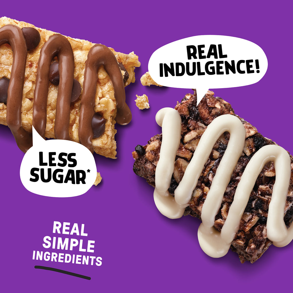 Two chocolate-drizzled granola bars on a purple background with speech bubbles reading 'LESS SUGAR*', 'REAL INDULGENCE!', and 'REAL SIMPLE INGREDIENTS'.