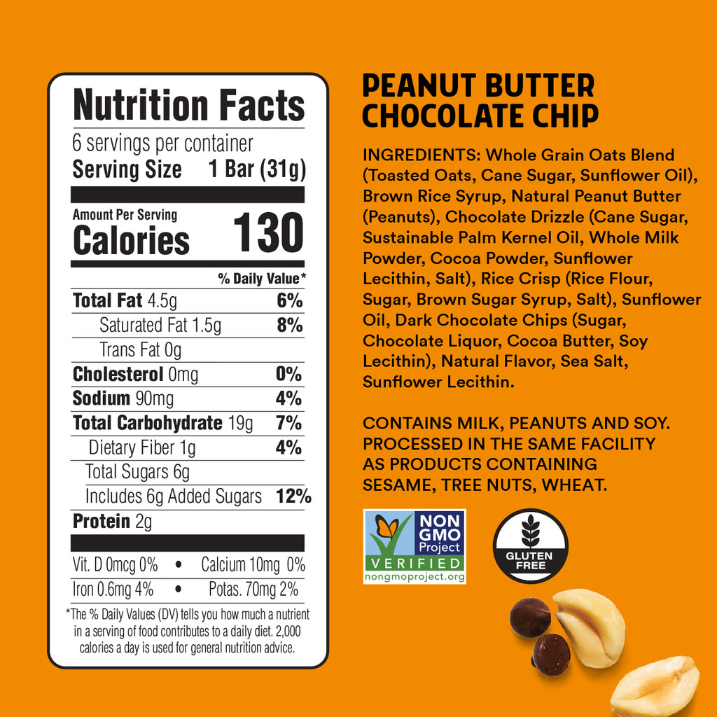 Nutrition facts label and ingredients list for a peanut butter chocolate chip bar on an orange background.