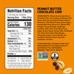 Nutrition facts label and ingredients list for a peanut butter chocolate chip bar on an orange background.