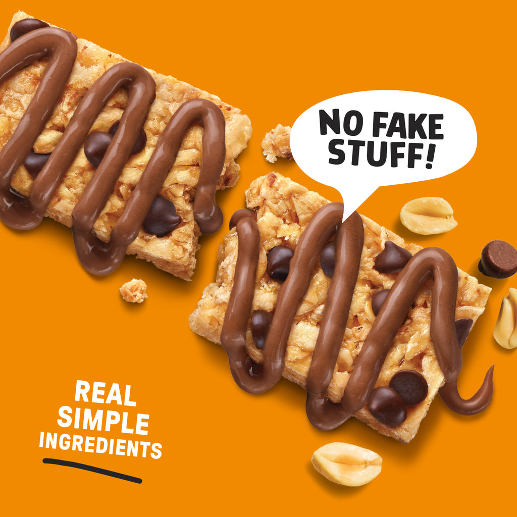 Chocolate Chip Peanut Butter granola bar with a speech bubble saying 'No Fake Stuff!' on an orange background.