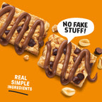 Chocolate Chip Peanut Butter granola bar with a speech bubble saying 'No Fake Stuff!' on an orange background.