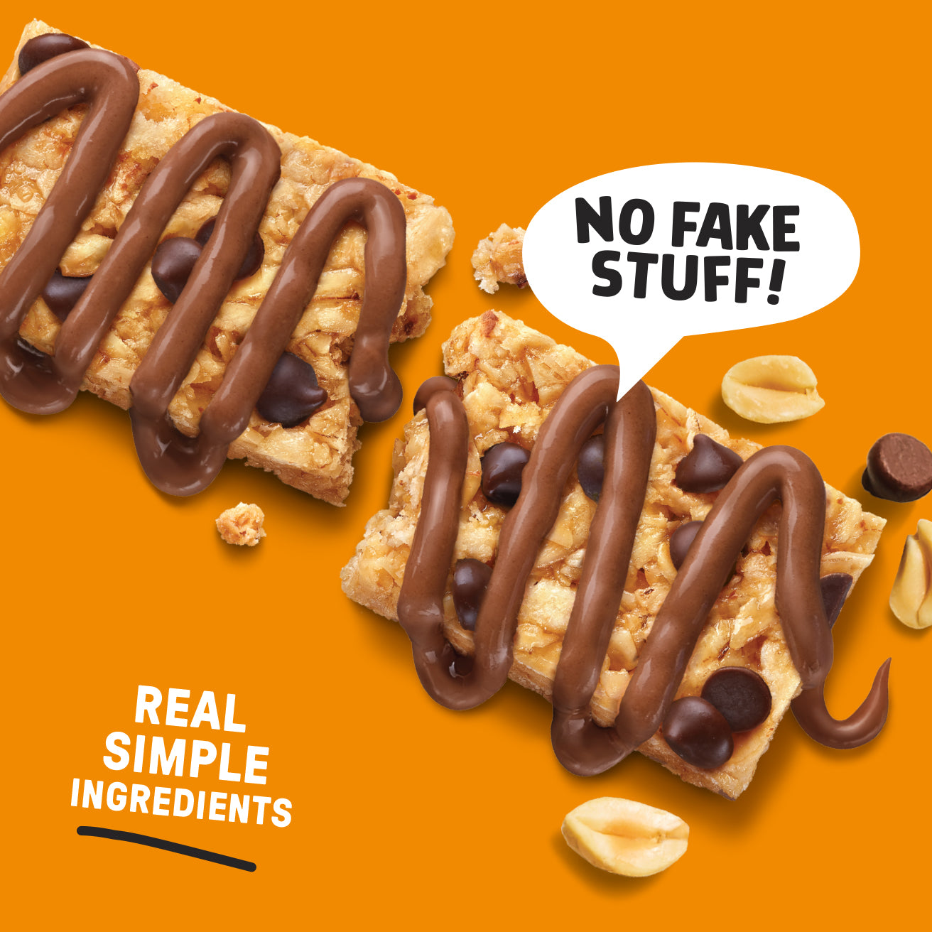 Chocolate Chip Peanut Butter granola bar with a speech bubble saying 'No Fake Stuff!' on an orange background.