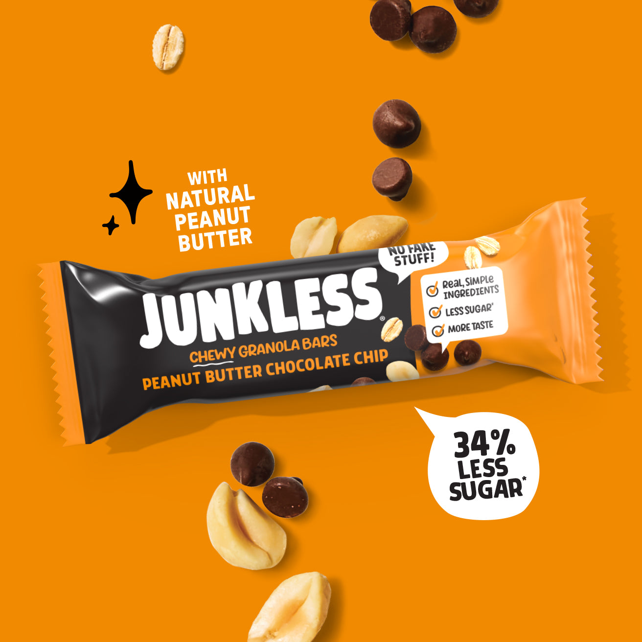 Junkless peanut butter chocolate chip granola bar on an orange background with peanuts and chocolate chips.