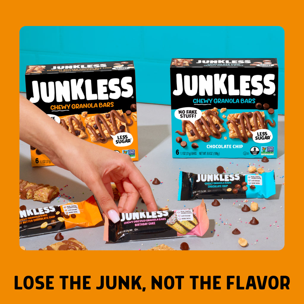 Junkless chewy granola bars packaging with a hand holding a bar on a gradient background.