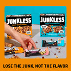 Junkless chewy granola bars packaging with a hand holding a bar on a gradient background.