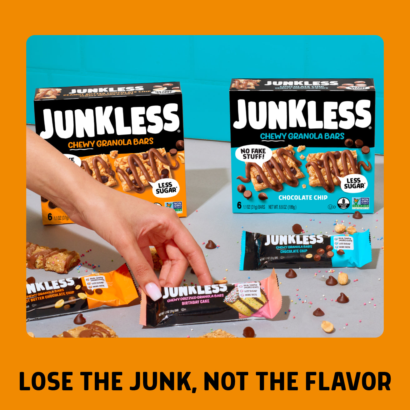 Junkless chewy granola bars packaging with a hand holding a bar on a gradient background.