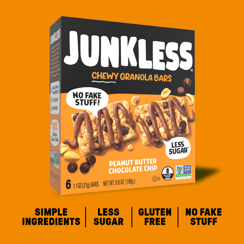 Box of Junkless Chewy Granola Bars on an orange background