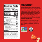 Nutrition facts label and ingredient list for a strawberry-flavored granola bar on a red background.