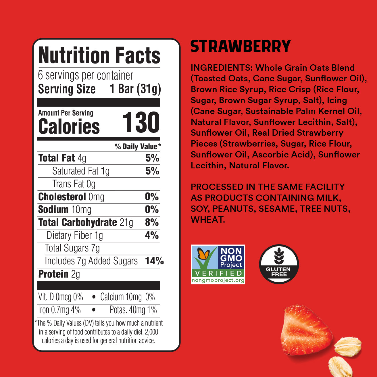 Nutrition facts label and ingredient list for a strawberry-flavored granola bar on a red background.