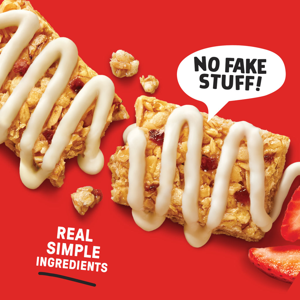Two granola bars with white drizzle on a red background, featuring text 'No Fake Stuff!' and 'Real Simple Ingredients'.