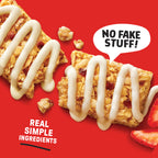 Two granola bars with white drizzle on a red background, featuring text 'No Fake Stuff!' and 'Real Simple Ingredients'.