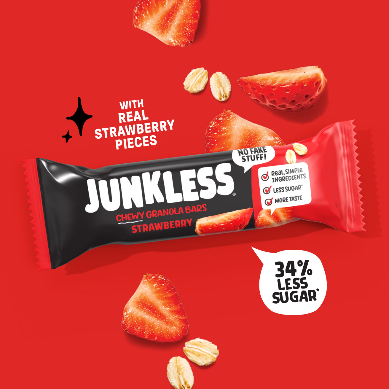 Junkless chewy granola bar with strawberry pieces on a red background