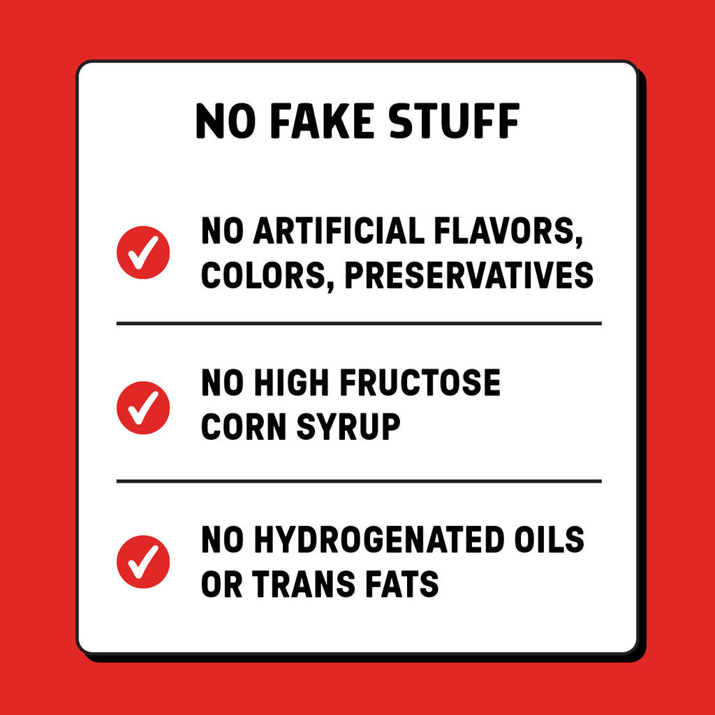 List of product benefits on a red background.