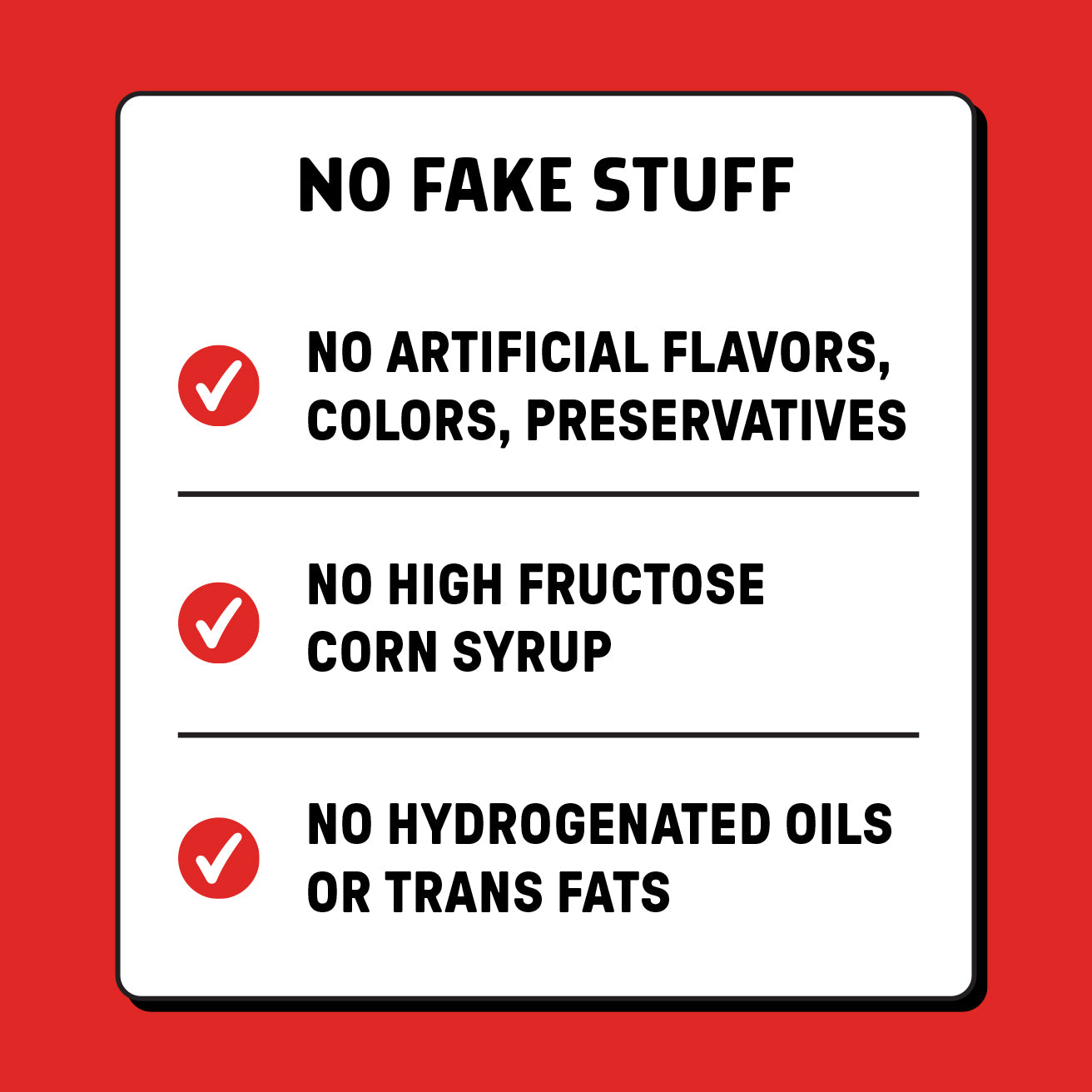 List of product benefits on a red background.