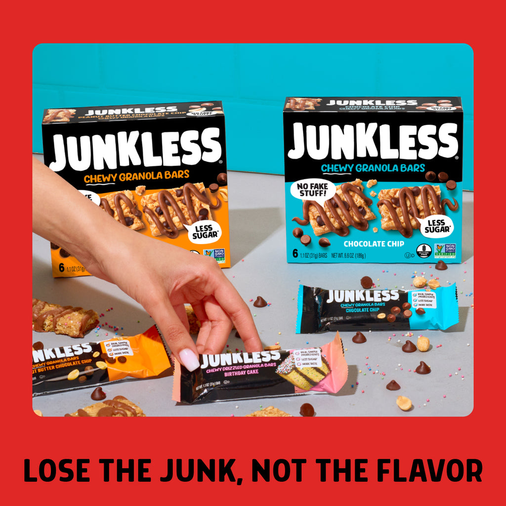 Junkless chewy granola bars packaging with a hand holding a bar against a red and blue background.