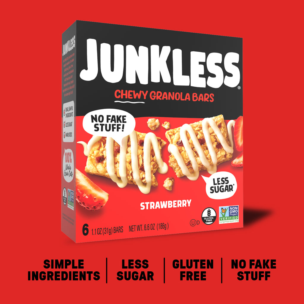 Box of Junkless Chewy Granola Bars on a red background