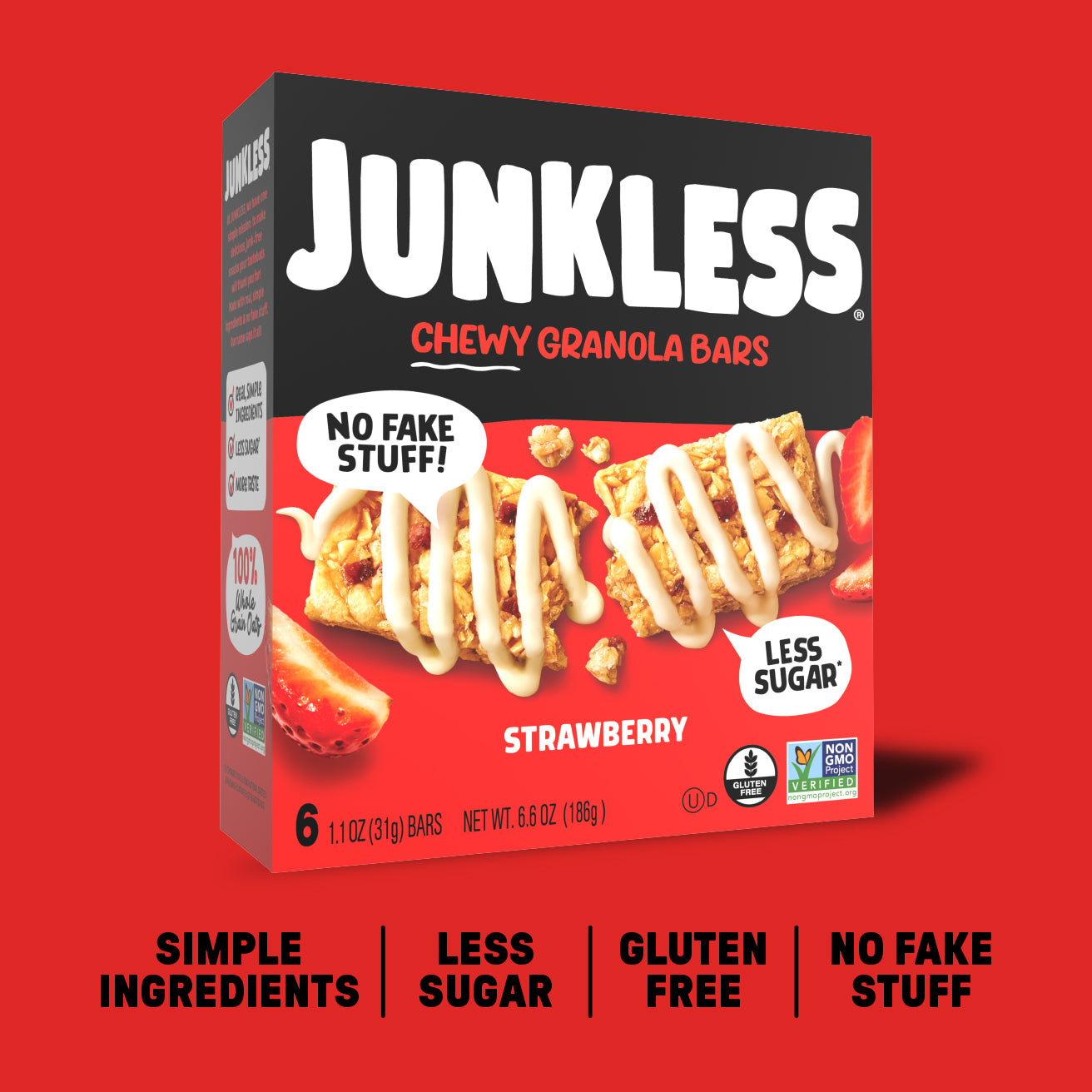 Box of Junkless Chewy Granola Bars on a red background