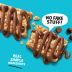 Chocolate-drizzled granola bars with a blue background and text about real ingredients.