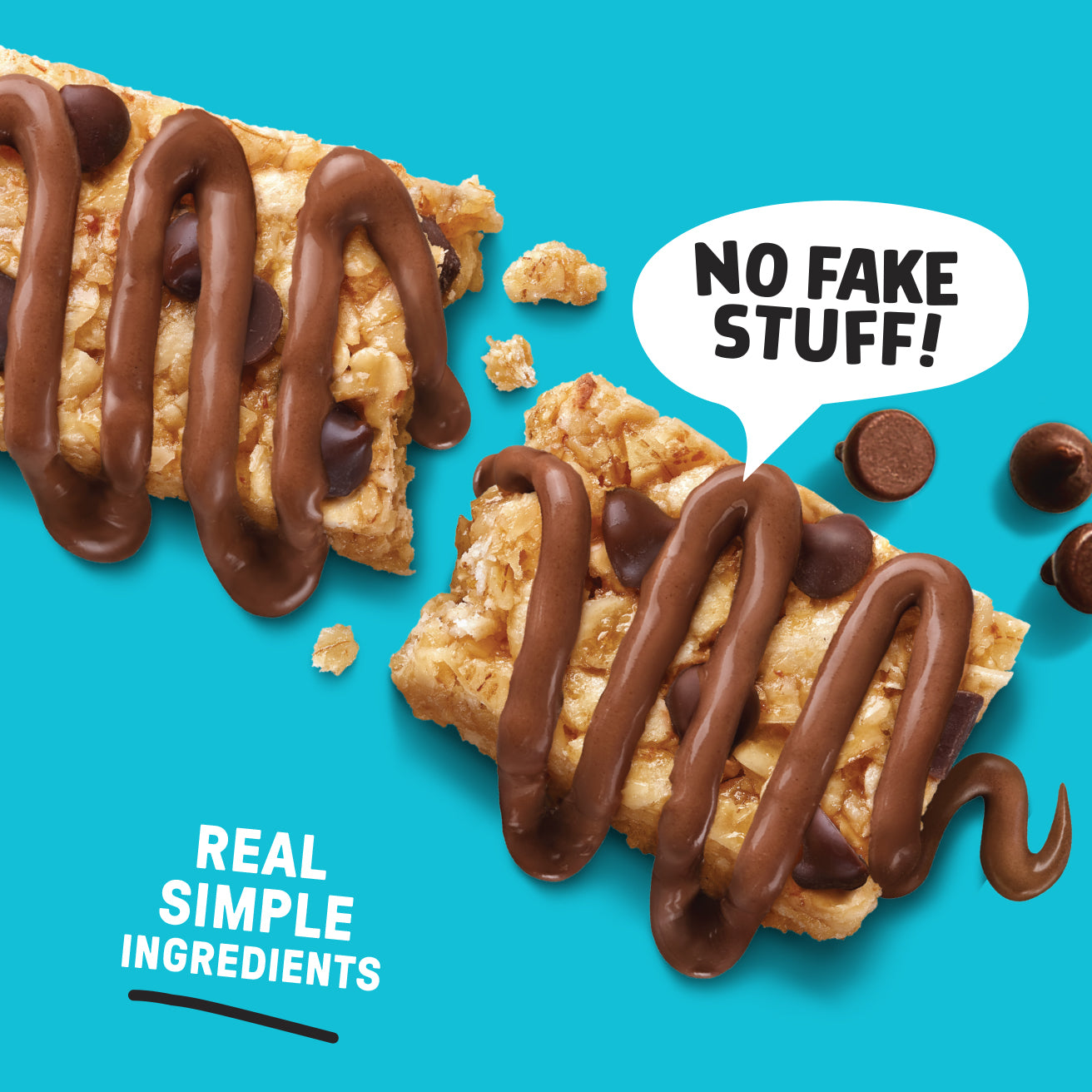 Chocolate-drizzled granola bars with a blue background and text about real ingredients.