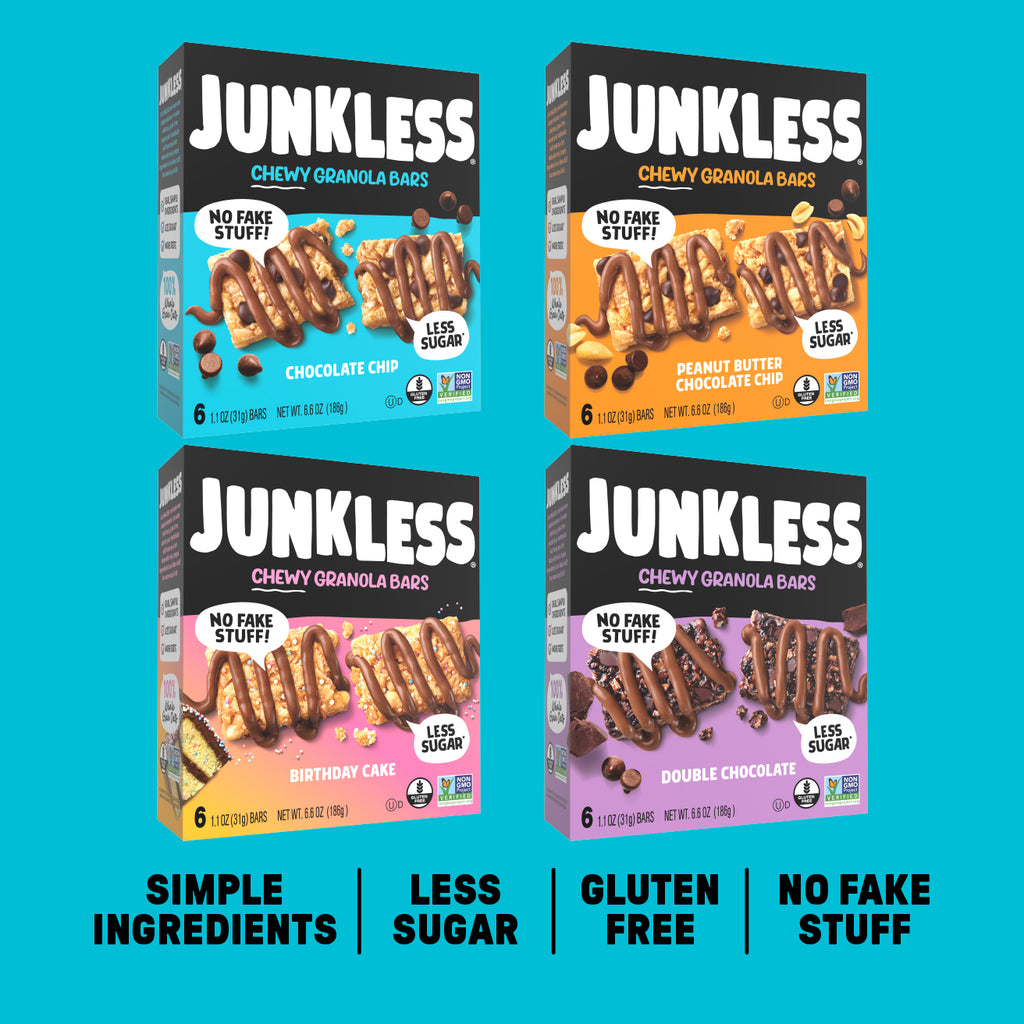 Four boxes of Junkless Chewy Granola Bars on a blue background