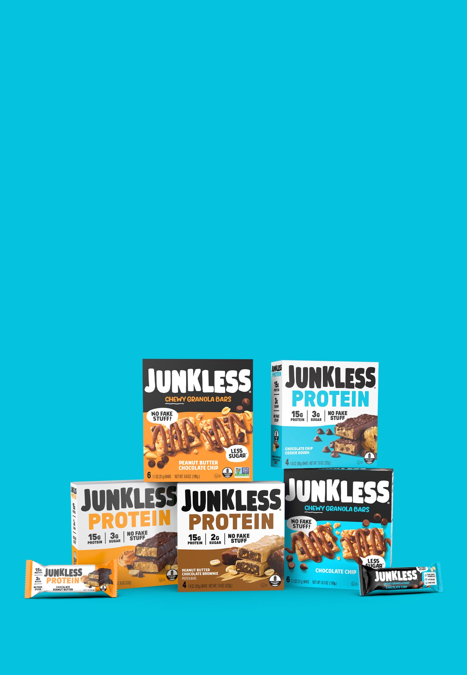 Collection of Junkless protein bars and granola bars on a blue background