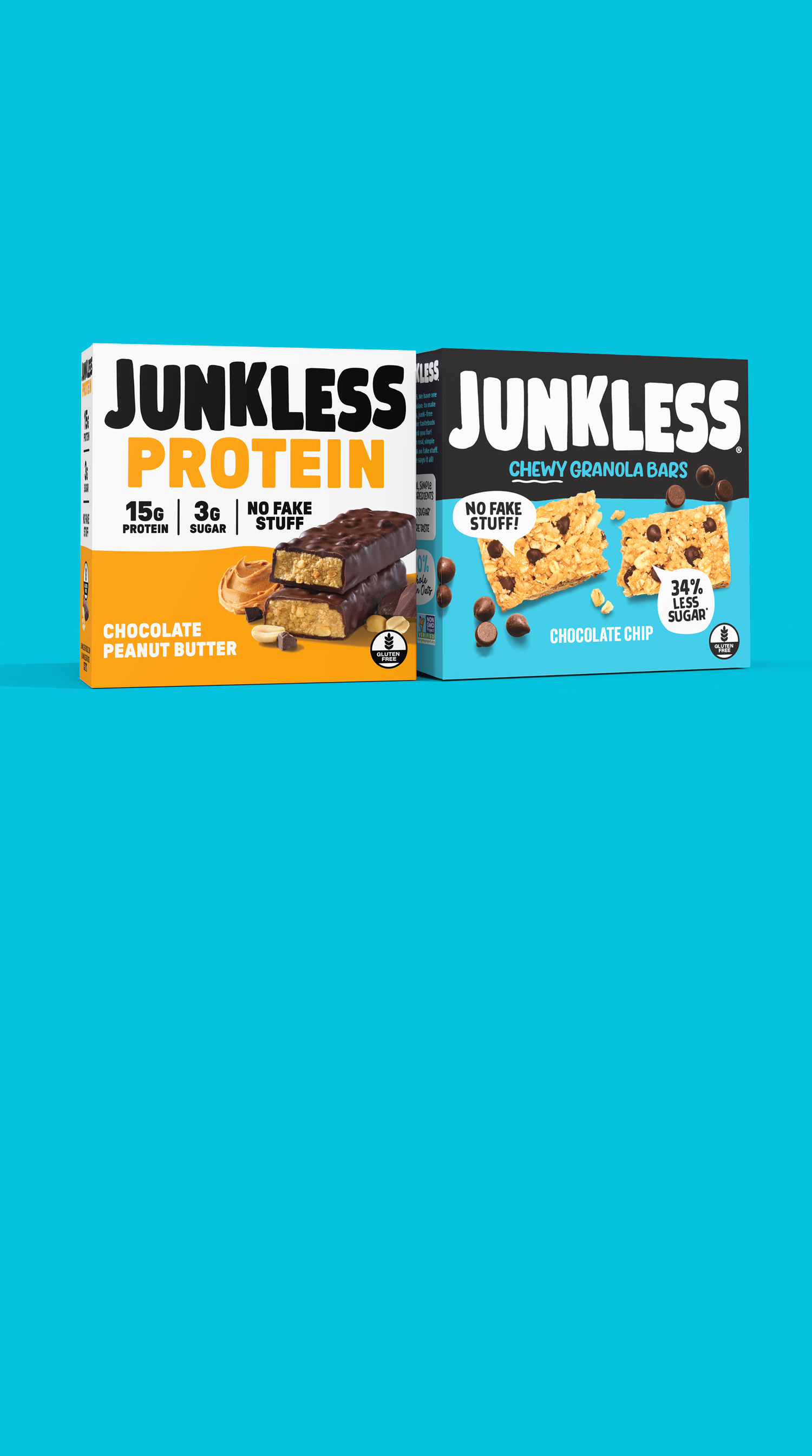 Two boxes of Junkless Protein bars and Junkless Chewy Granola Bars on a blue background