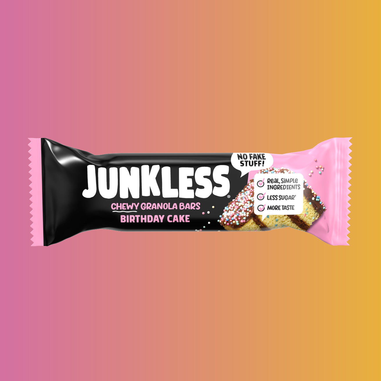 Junkless chewy granola bar packaging on a gradient background