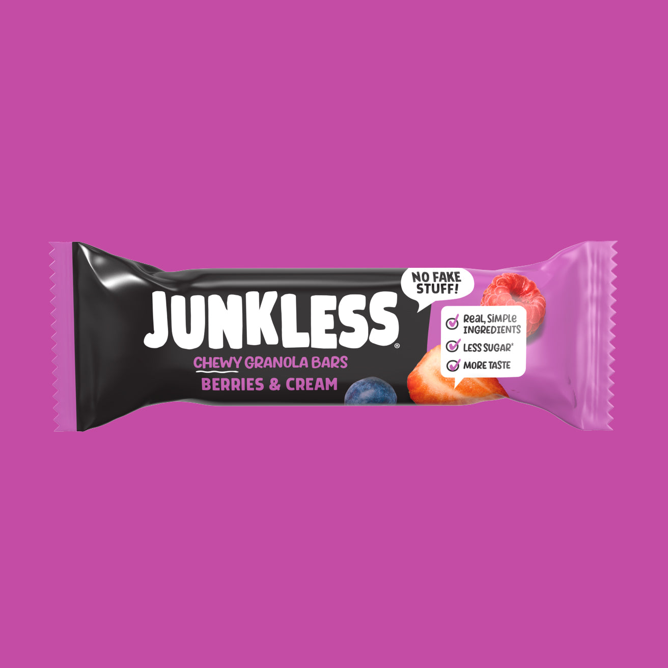 Junkless chewy granola bar packaging on a purple background