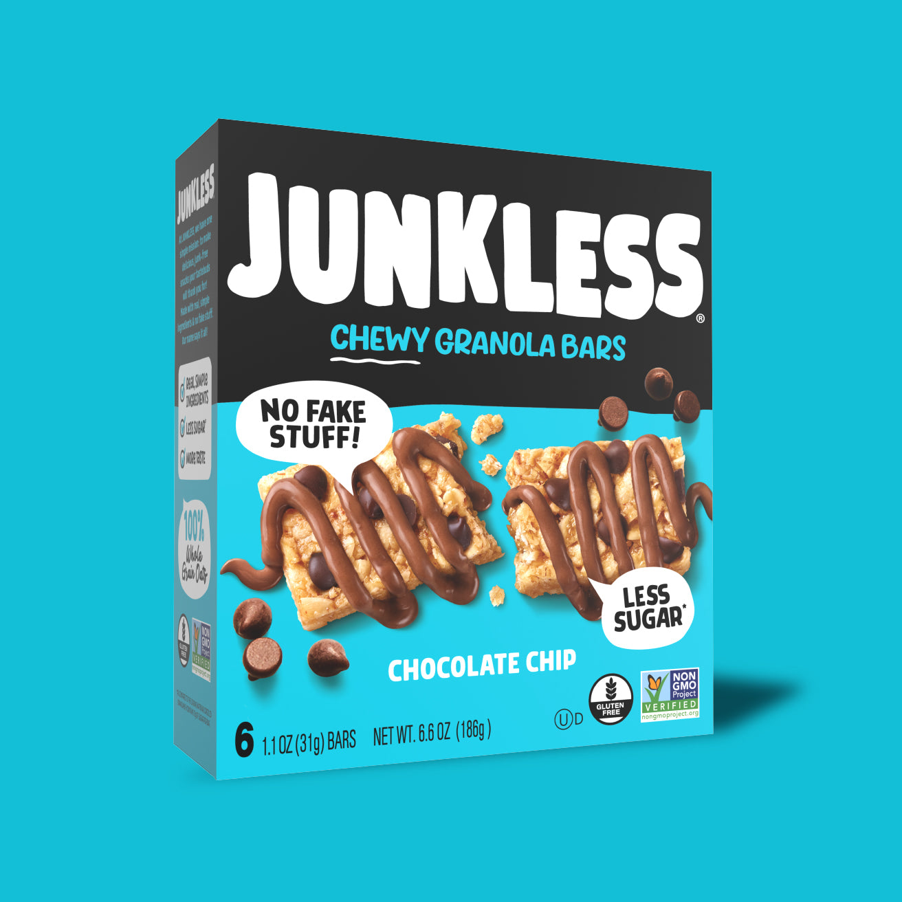 Box of Junkless Chewy Granola Bars on a blue background