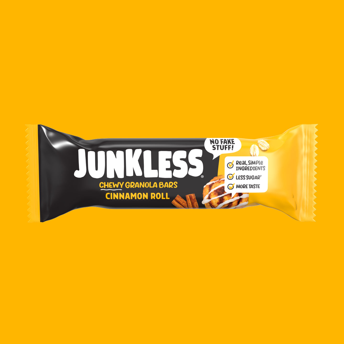 Junkless chewy granola bar packaging on a yellow background