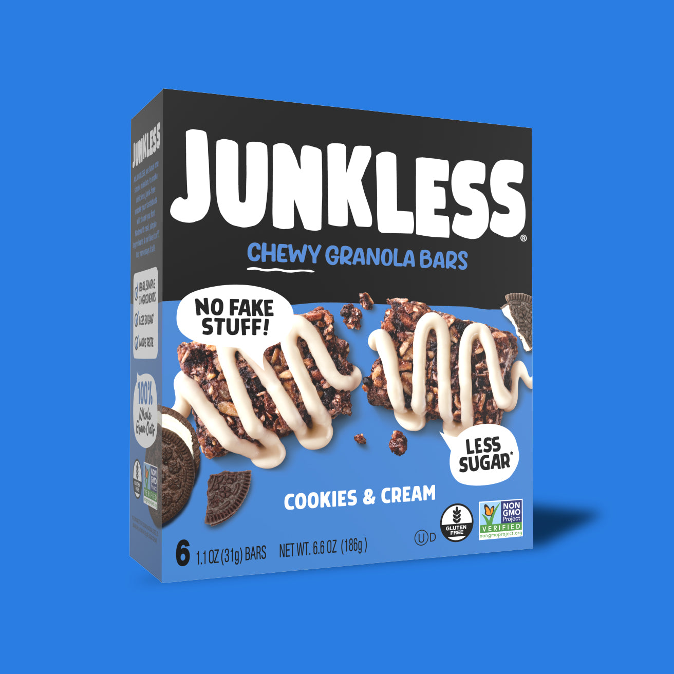 Box of Junkless Chewy Granola Bars with cookies and cream flavor on a blue background
