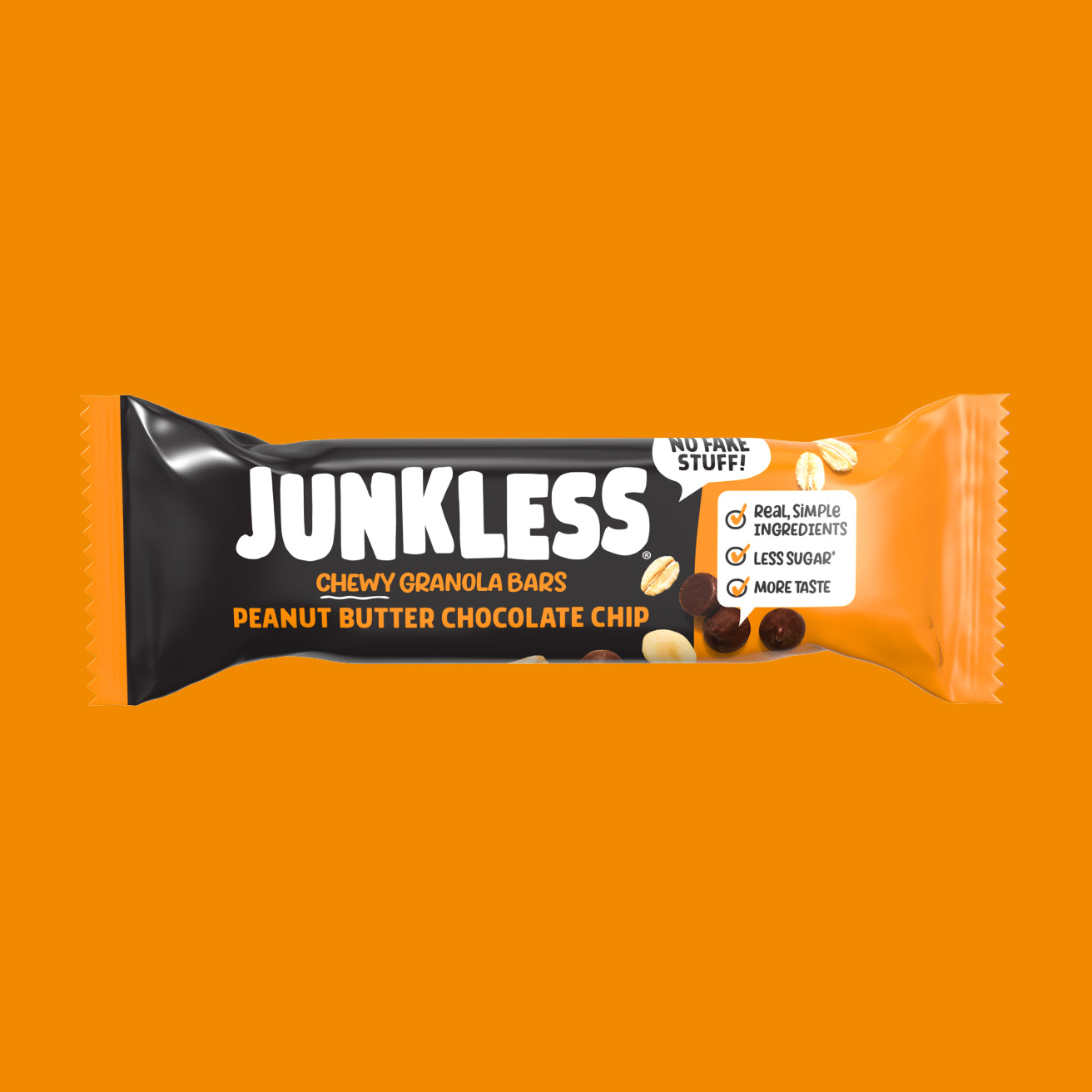Junkless peanut butter chocolate chip granola bar on an orange background