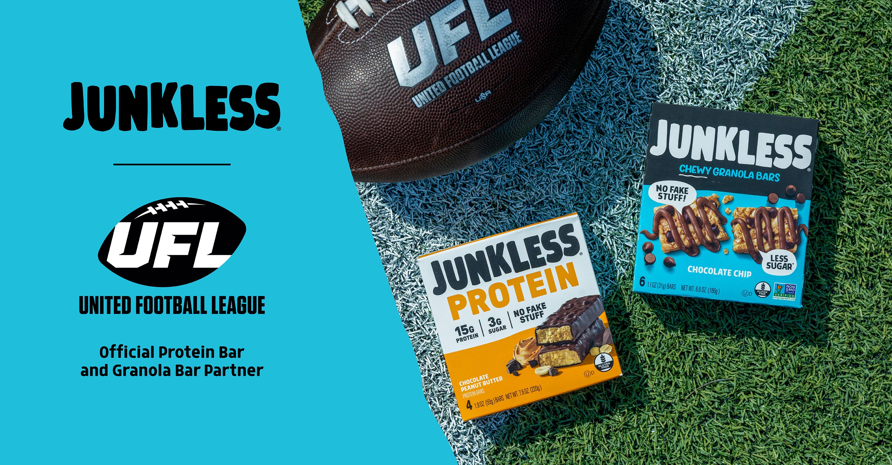 Junkless protein bars and granola bars on a turf field with a UFL-branded football