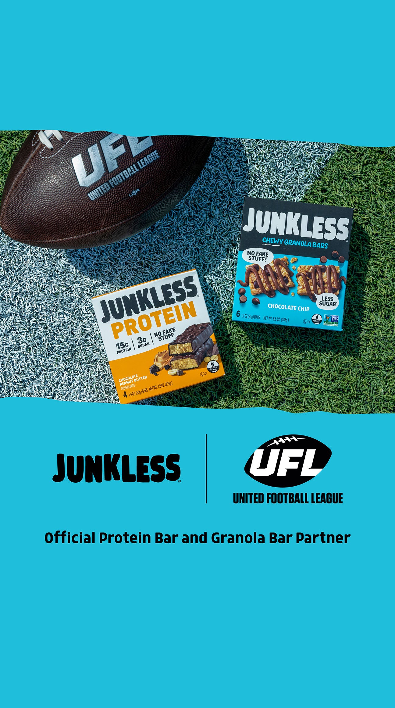 Junkless protein bars and granola bars with a football on grass, featuring UFL branding.