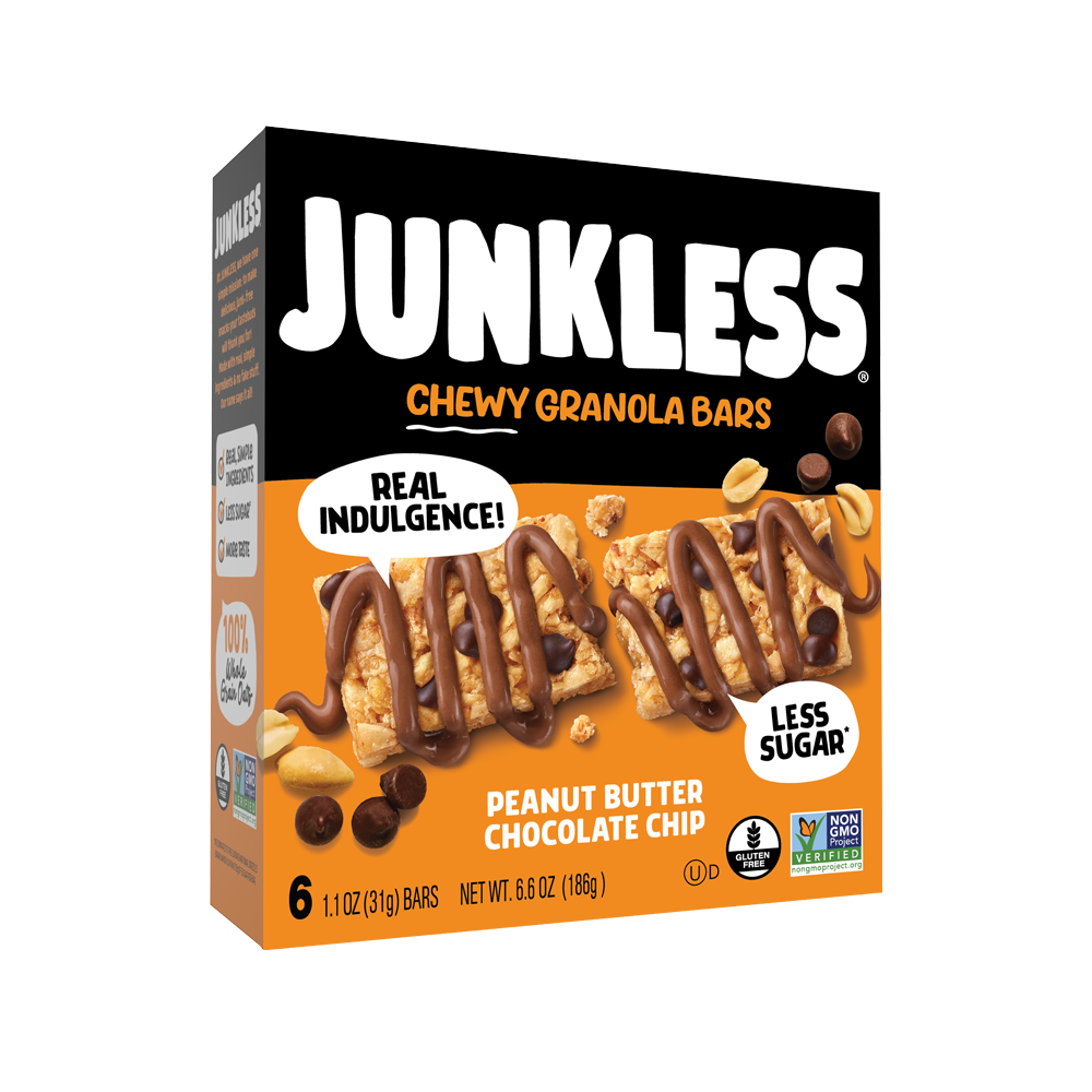 Box of Junkless Chewy Granola Bars with peanut butter chocolate chip flavor on an orange background
