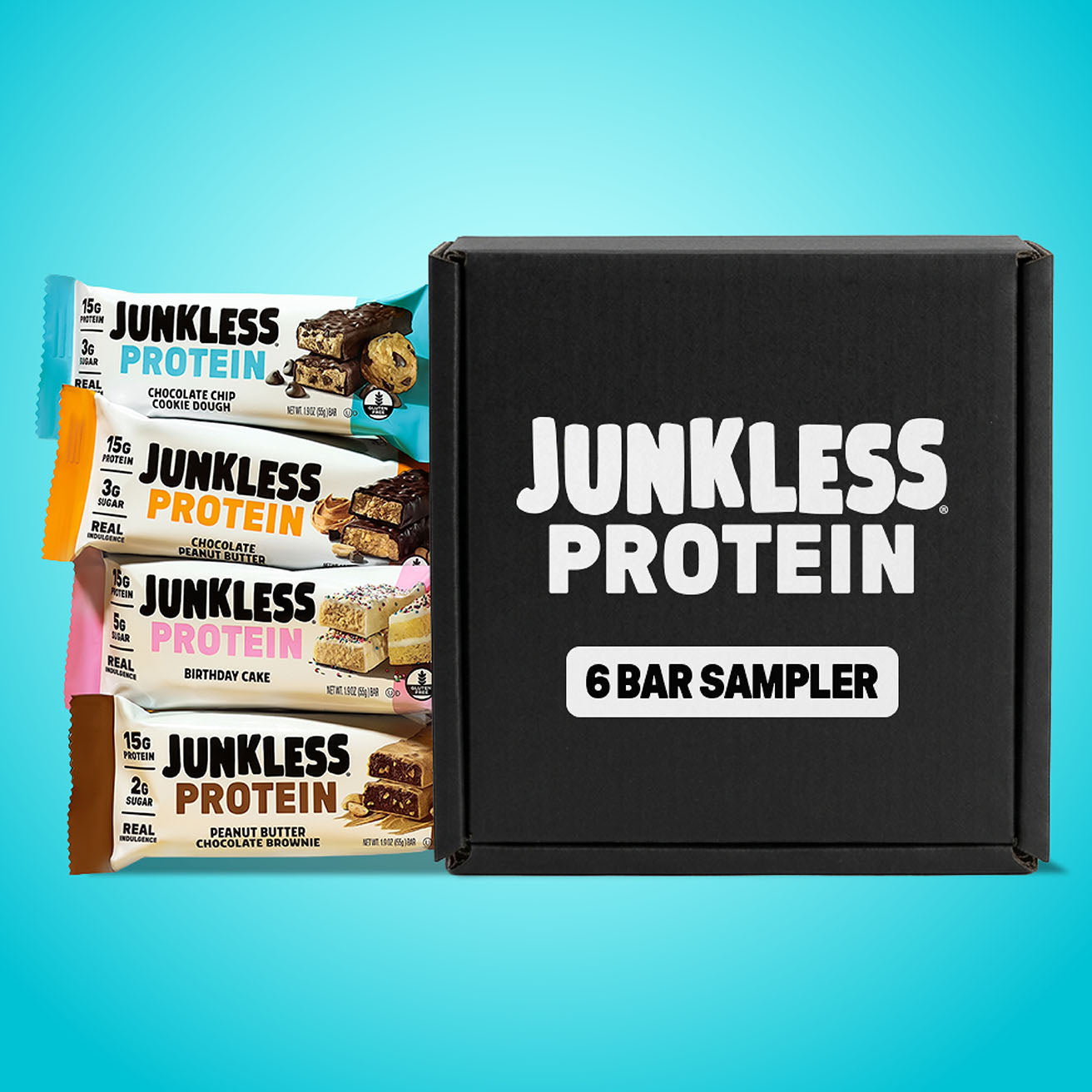 4 Junkless protein bars stacked next to a black box on a blue background