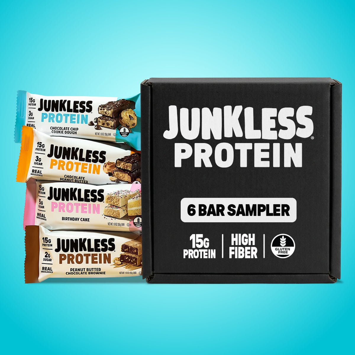 Junkless protein bars sampler pack on a blue background