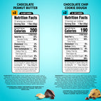 Chocolate Peanut Butter and Chocolate Chip Cookie Dough nutrition facts on a blue background.