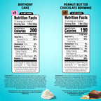 Birthday Cake and Peanut Butter Chocolate Brownie nutrition facts on a blue background.