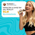 Livvy Dunne with a speech bubble holding a Junkless Protein Bar