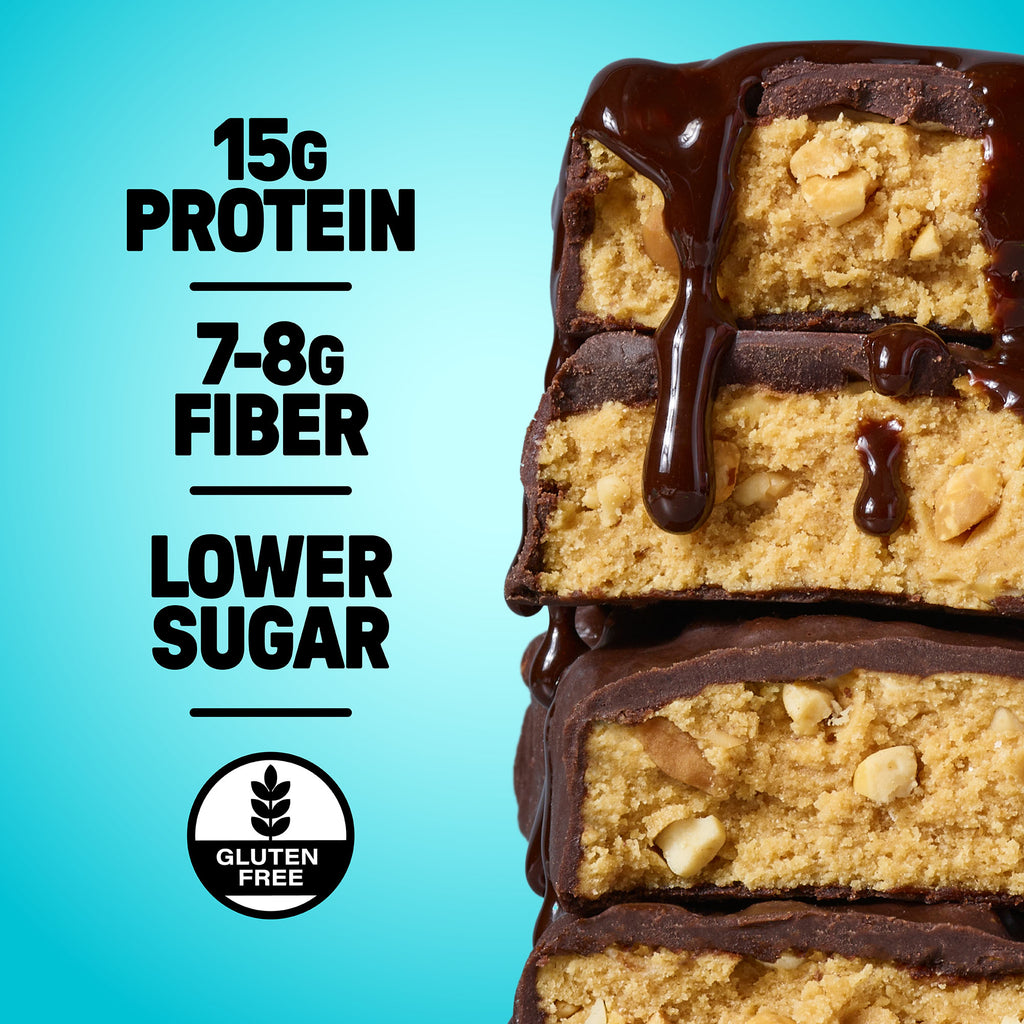 An unwrapped stacked cut of protein bars on a blue background