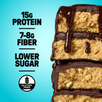 An unwrapped stacked cut of protein bars on a blue background