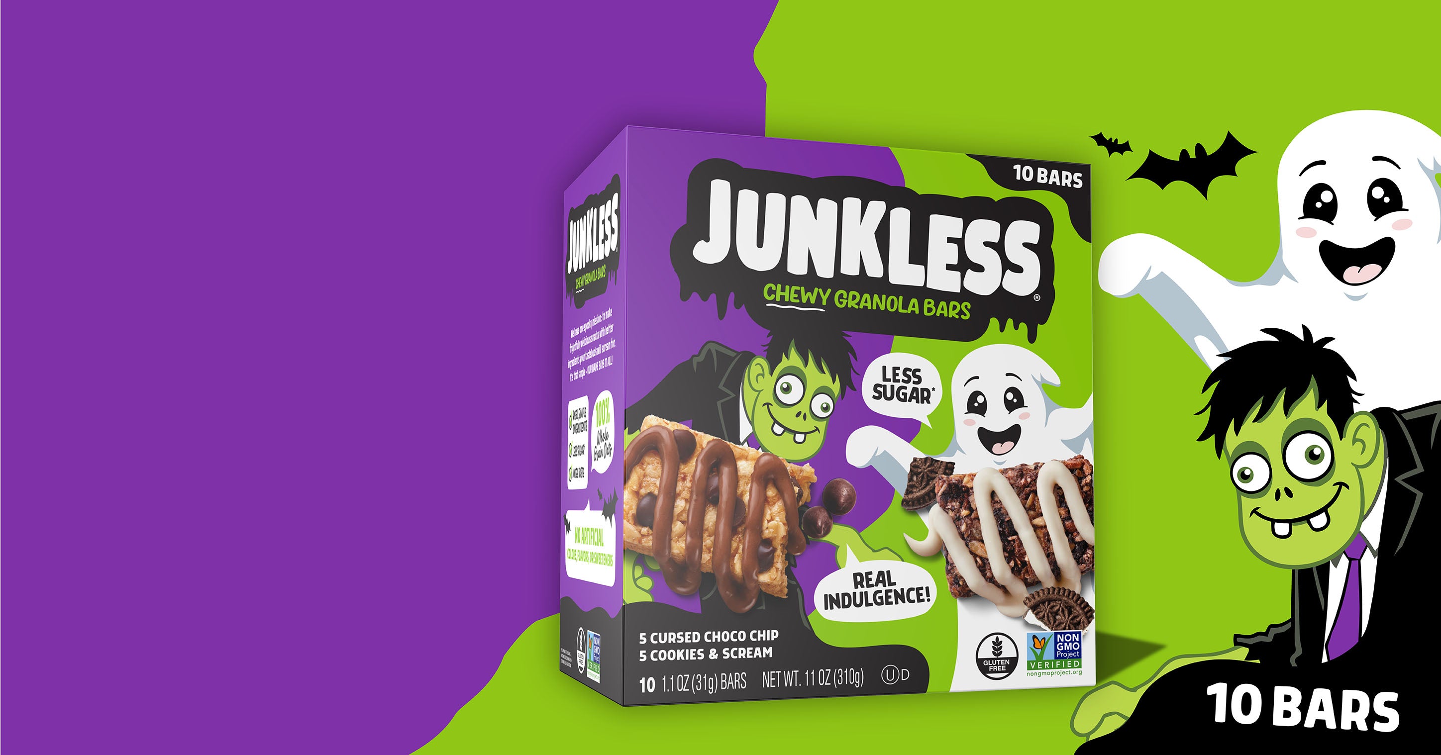 Junkless Halloween granola bar variety pack on a purple and green background featuring a white ghost and Frankenstein with bats.